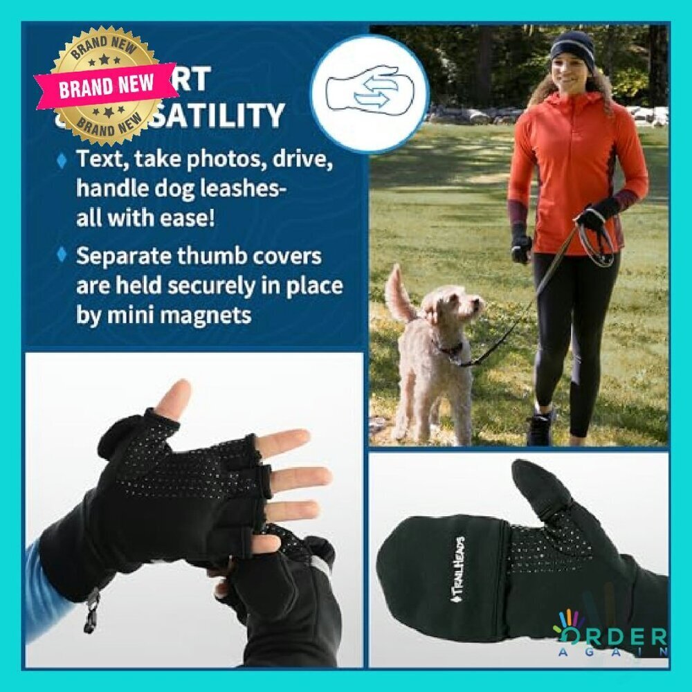Convertible Running Mittens Reflective Accents Flip Top Magnetic Thumb Flap - Picture 3 of 8